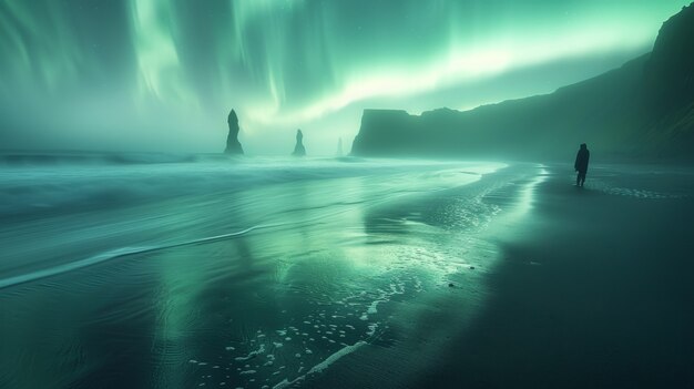 El paisaje de la aurora boreal sobre el mar