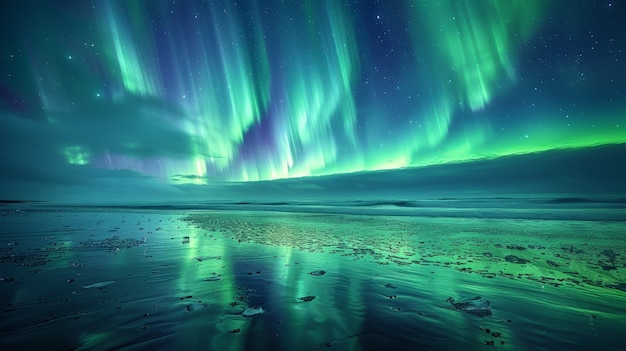 El paisaje de la aurora boreal sobre el mar