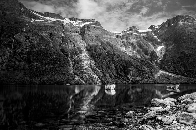 Paisaje blanco y negro con montañas