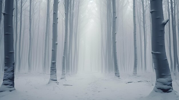 Un paisaje de un bosque en invierno con niebla en el fondo