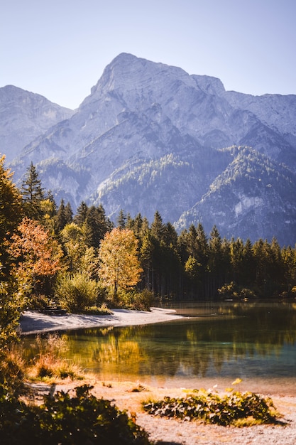 Paisaje cálido de un lago rodeado de bosques y montañas en un brillante día de otoño