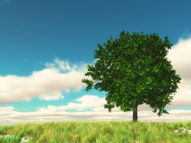Paisaje de campo 3D con árbol contra el cielo azul