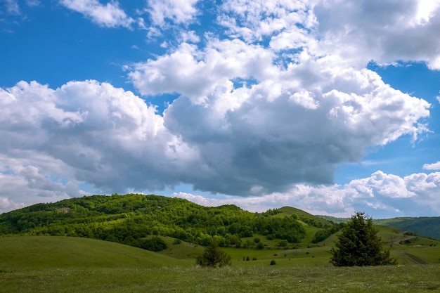 Paisaje de colinas cubiertas de bosques bajo la luz del sol y un cielo nublado durante el día