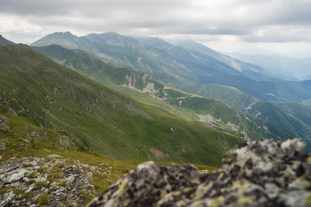 Paisaje de colinas cubiertas de vegetación con montañas rocosas bajo un cielo nublado en el fondo