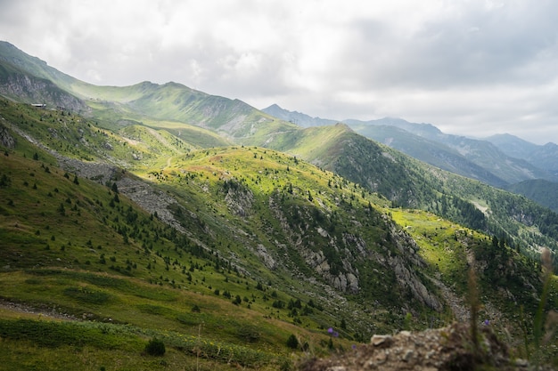 Paisaje de colinas cubiertas de vegetación con montañas rocosas bajo un cielo nublado en el fondo