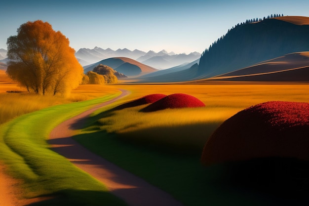 Foto gratuita un paisaje colorido con un camino que conduce a una montaña y árboles.