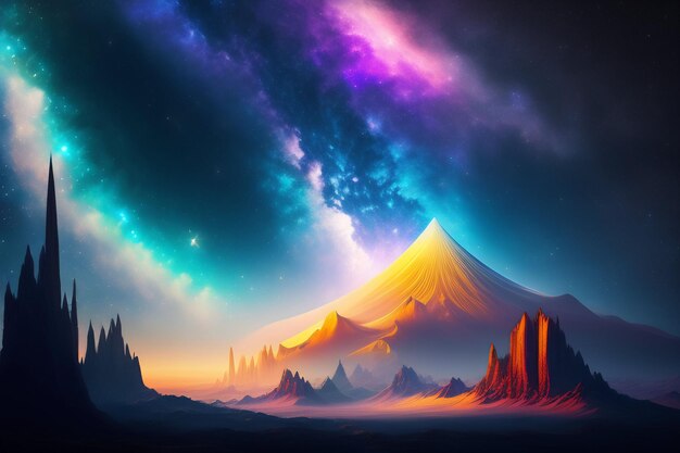 Un paisaje colorido con una montaña al fondo.