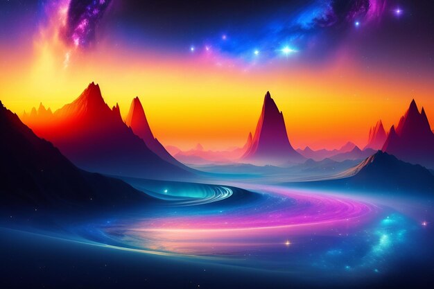 Un paisaje colorido con montañas y una galaxia al fondo.