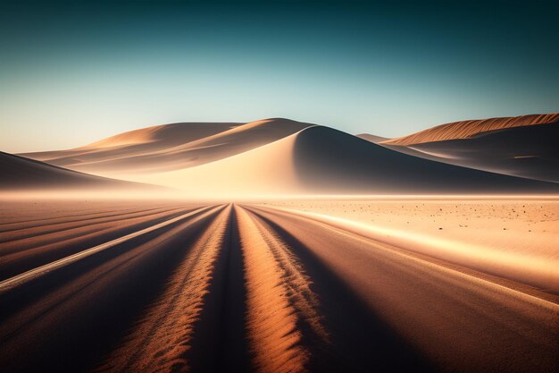 Un paisaje desértico con un cielo azul claro y una duna de arena al fondo.