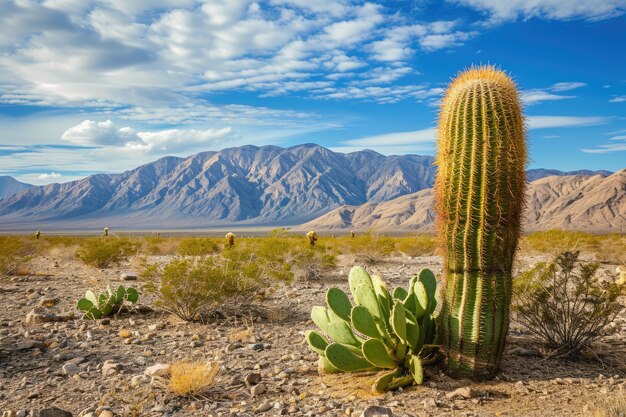 Paisaje desértico con especies de cactus y plantas