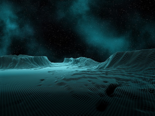 Paisaje digital 3D con espacio cielo y nebulosa.