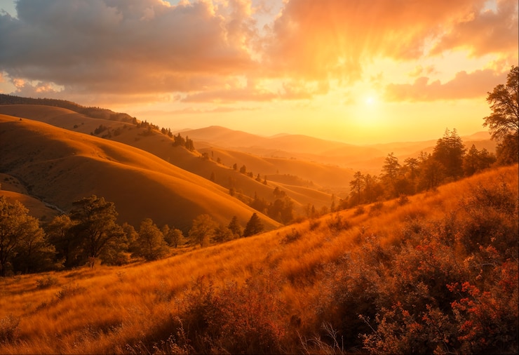 Foto gratuito el paisaje dorado del otoño al amanecer