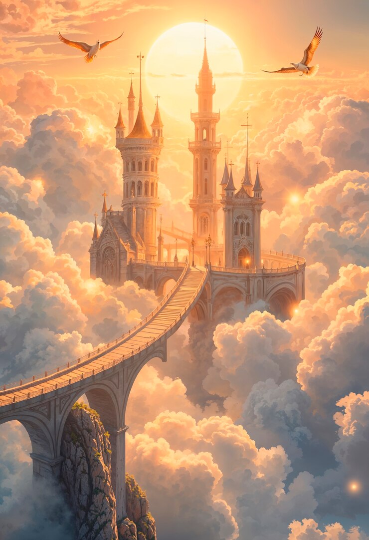 Paisaje de fantasía de un castillo rodeado de nubes ilustración
