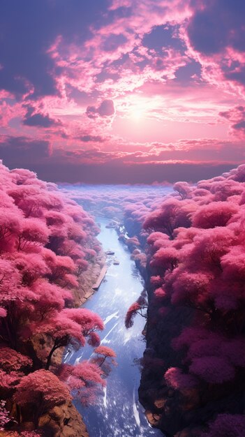 Paisaje de fantasía magenta con la naturaleza.