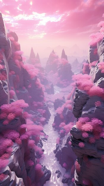 Paisaje de fantasía magenta con la naturaleza.