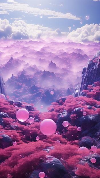 Paisaje de fantasía magenta con la naturaleza.