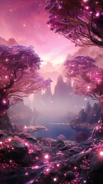 Paisaje de fantasía magenta con la naturaleza.