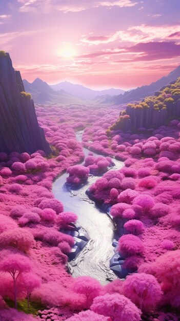 Paisaje de fantasía magenta con la naturaleza.