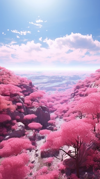 Paisaje de fantasía magenta con la naturaleza.