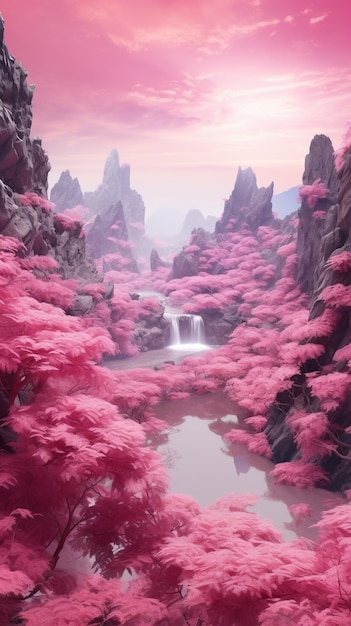 Paisaje de fantasía magenta con la naturaleza.