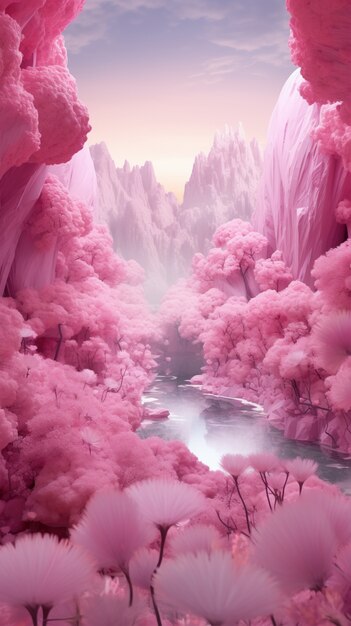 Paisaje de fantasía magenta con la naturaleza.