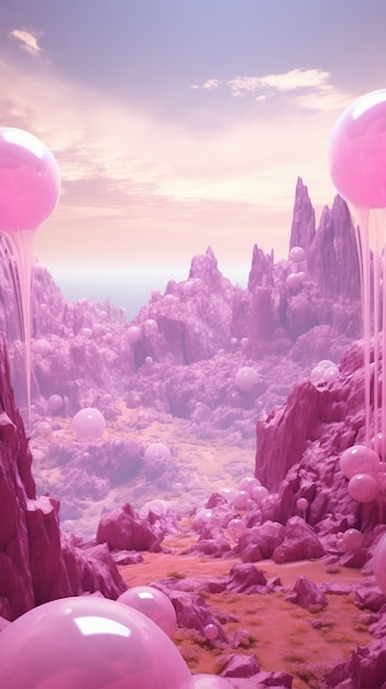 Paisaje de fantasía magenta con la naturaleza.