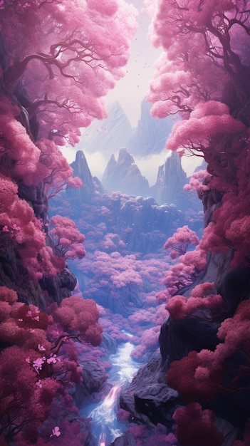 Paisaje de fantasía magenta con la naturaleza.