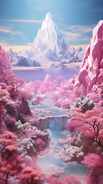 Paisaje de fantasía magenta con la naturaleza.