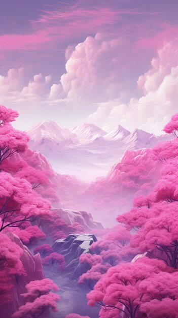 Paisaje de fantasía magenta con la naturaleza.