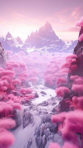 Paisaje de fantasía magenta con la naturaleza.