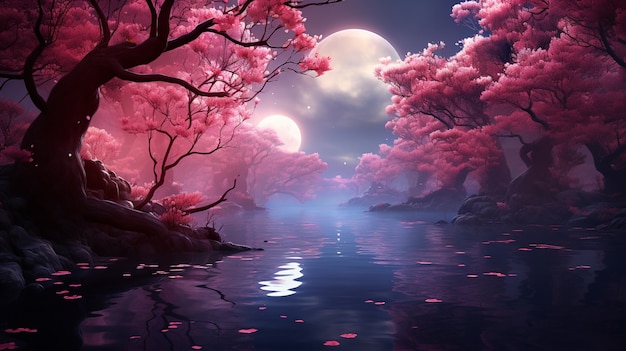 Paisaje de fantasía de naturaleza magenta