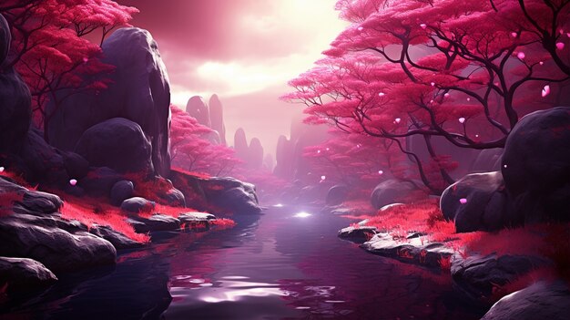 Paisaje de fantasía de naturaleza magenta