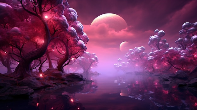 Paisaje de fantasía de naturaleza magenta