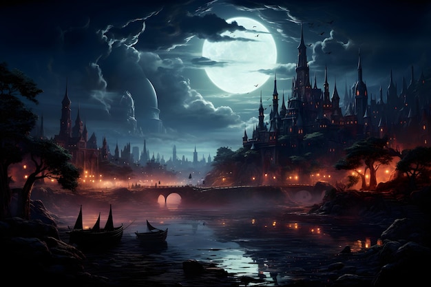 Un paisaje de fantasía en la noche con luna llena.
