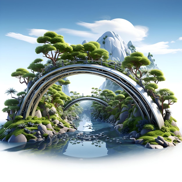 Foto gratuita paisaje de fantasía con un puente y árboles en el agua 3d render