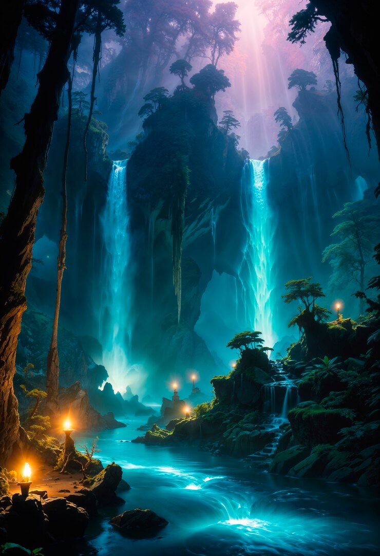 Paisaje fantástico de cascadas mágicas