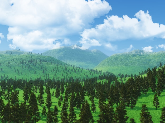 Paisaje forestal en 3D con nubes bajas.