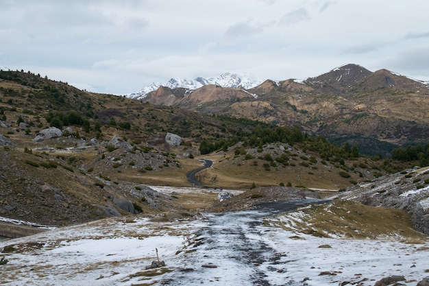 Paisaje con una gran cantidad de montañas rocosas cubiertas de nieve bajo un cielo nublado