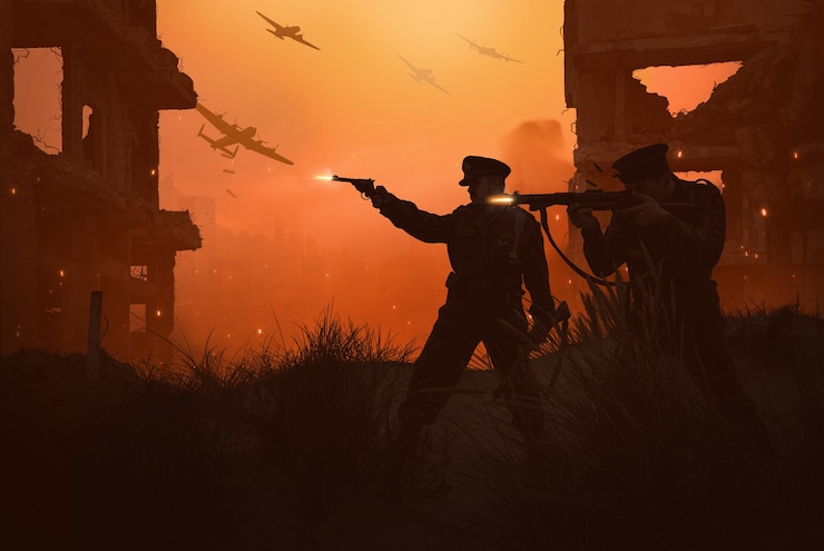 Foto gratuito paisaje de guerra y conflicto con soldados disparando