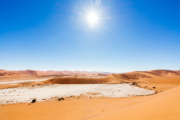 Paisaje hermoso de la duna de arena anaranjada arena anaranjada en el desierto de namib en el parque nacional de namib-naukluft sossusvlei en namibia.