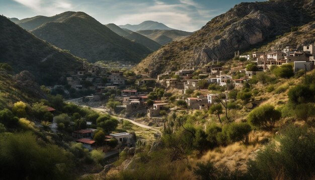 Paisaje idílico de montaña hierba verde puesta de sol viejo edificio escena rural generada por inteligencia artificial