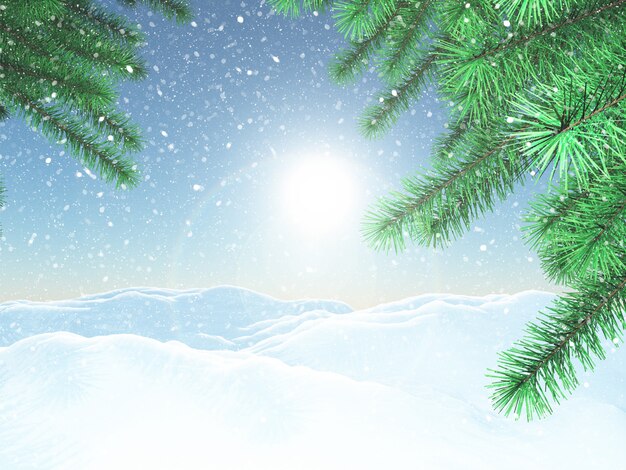 Paisaje invernal 3D con ramas de árboles de Navidad