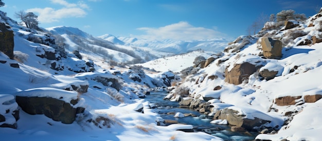 Foto gratuita paisaje invernal con un río en las montañas vista panorámica