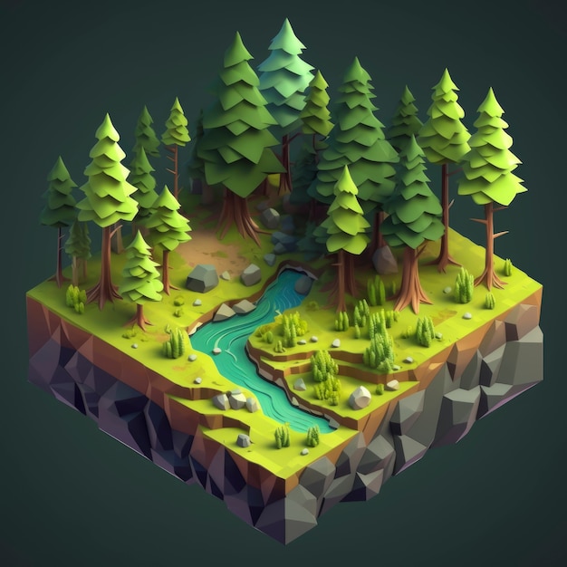 Paisaje isométrico 3d con bosque y agua.