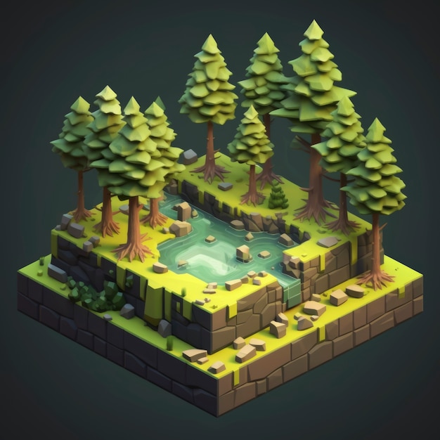 Paisaje isométrico 3d con bosque y agua.