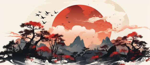 paisaje japonés con sol rojo y montaña