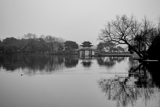 Paisaje de un lago en blanco y negro