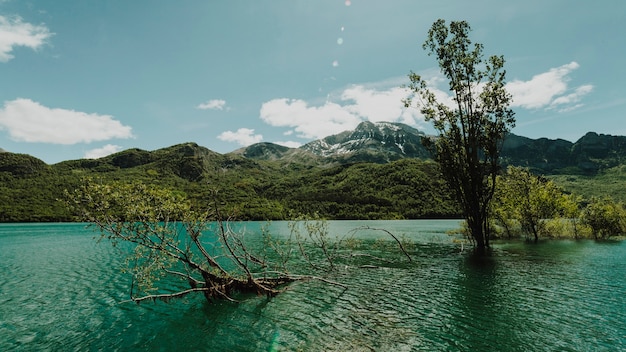 Paisaje de un lago rodeado por montañas