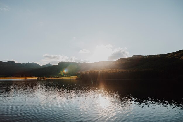 Paisaje de un lago rodeado de montañas