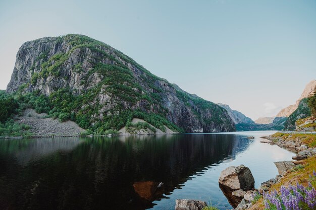 Paisaje de un lago rodeado de montañas